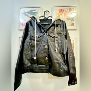 Steve Madden Full Button Faux Leather Sweatshirt Hooded Jacket Women’s SMALL